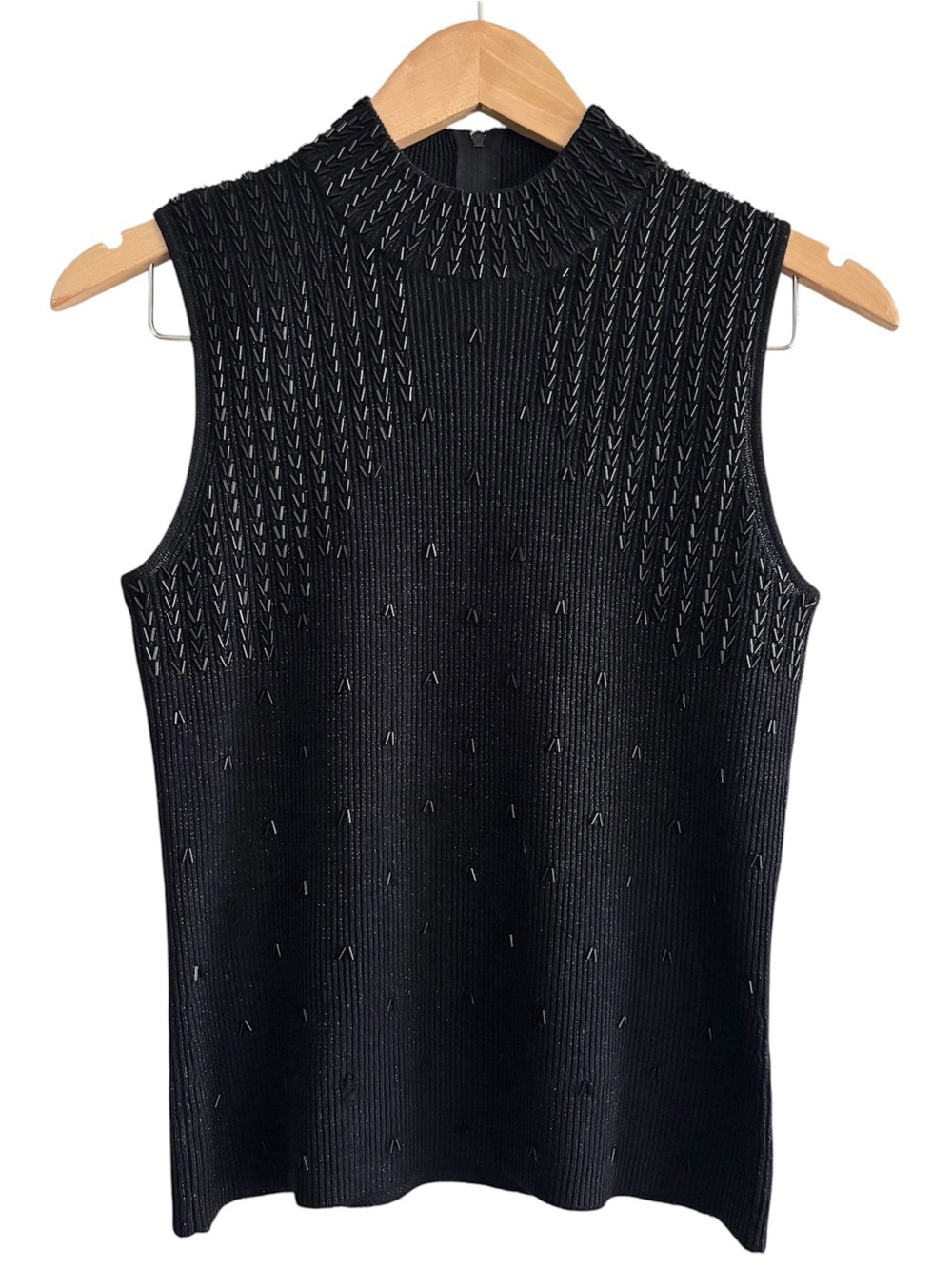 Vintage Beaded Sleeveless Knit Mock Neck Ribbed Top